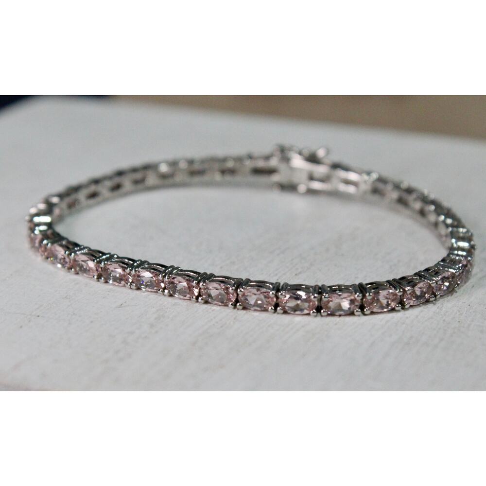 Vintage Sterling Silver 925 & Pink Oval Cut Cubic Zirconia (CZ) Tennis Bracelet